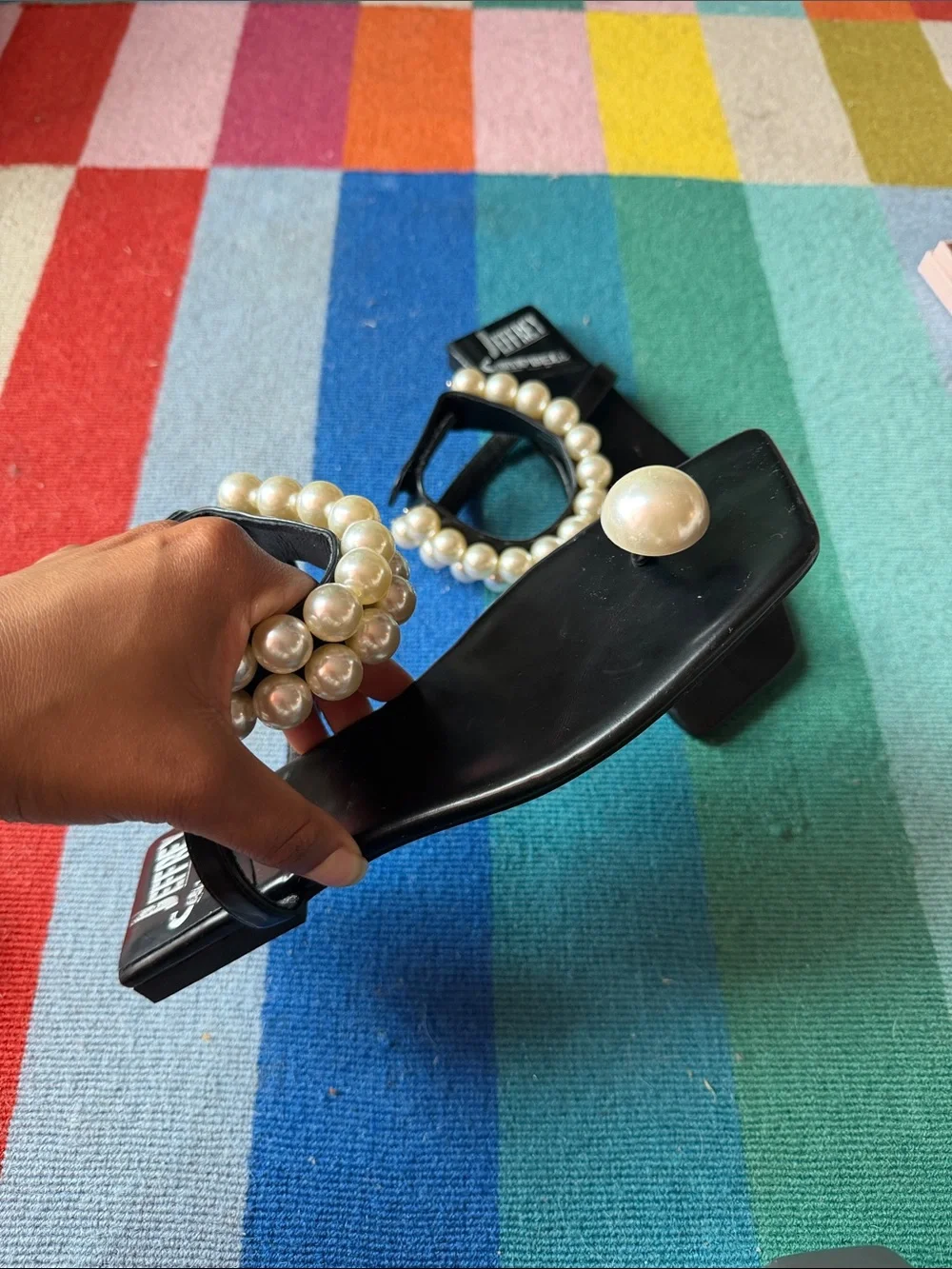 Jeffrey Campbell Chateau embellished ankle strap sandal in black pearl detail - Picture 5 of 6
